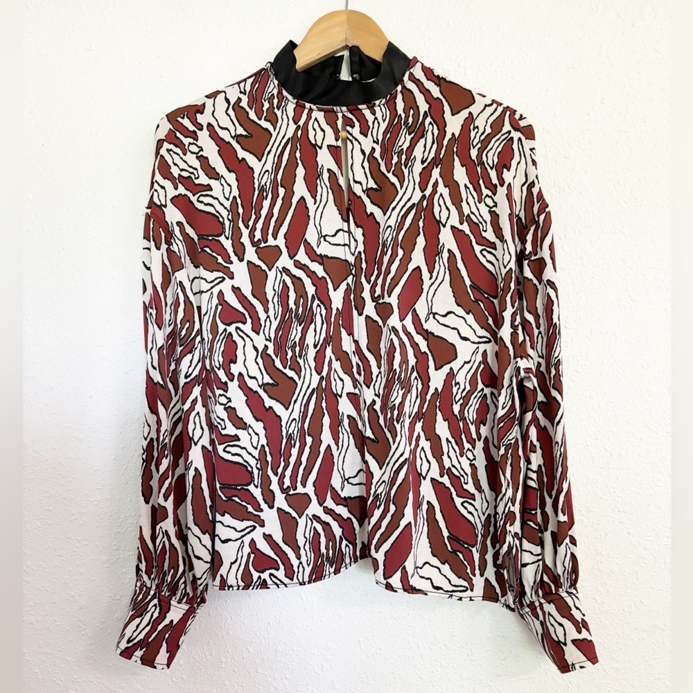 Reiss Women’s Top Size 6 Alana Brown White Print Viscose Elastane Long Sleeve
